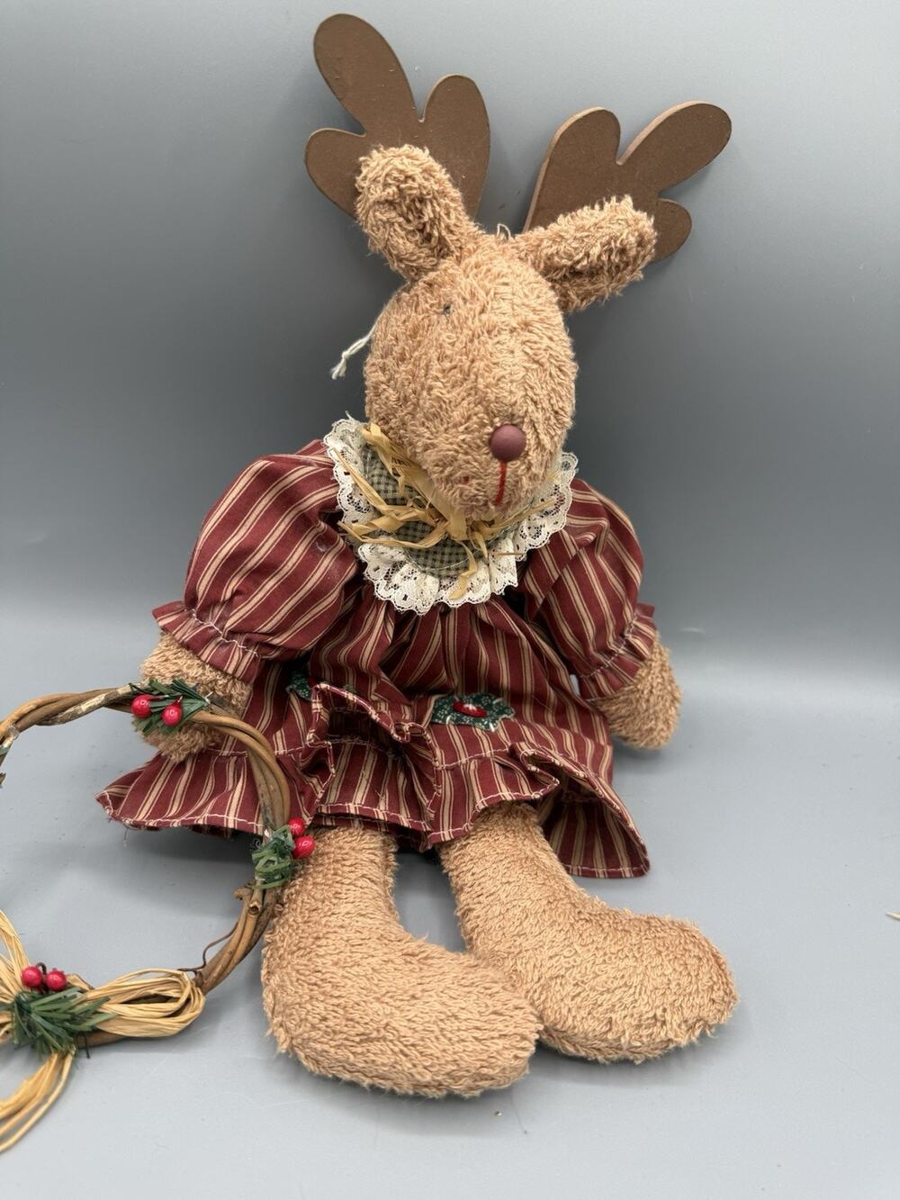 Primitive Plush Reindeer Christmas Doll 14” Red Stripe Dress Wreath Rustic Decor